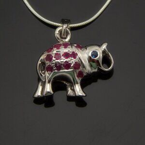 Genuine Ruby and Sapphire Lucky Elephant Necklace in 925 Sterling Silver